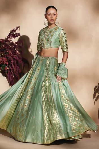 Buy Niamh By Kriti Green Silk, Chanderi High Neck Sage Embroidered Lehenga Set Online at Aza Fashions Buy_Niamh By Kriti_Green Silk, Chanderi High Neck Sage Embroidered Lehenga Set _Online_at_Aza_Fashions