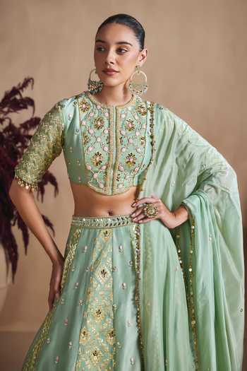 Shop Niamh By Kriti Green Silk, Chanderi High Neck Sage Embroidered Lehenga Set Online at Aza Fashions Shop_Niamh By Kriti_Green Silk, Chanderi High Neck Sage Embroidered Lehenga Set _Online_at_Aza_Fashions