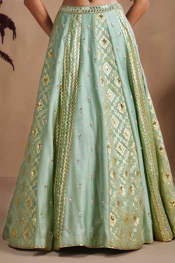 Niamh By Kriti Green Silk, Chanderi High Neck Sage Embroidered Lehenga Set at Aza Fashions Niamh By Kriti_Green Silk, Chanderi High Neck Sage Embroidered Lehenga Set _at_Aza_Fashions