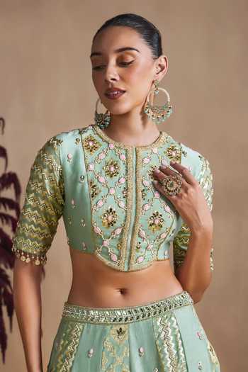 Buy Niamh By Kriti Green Silk, Chanderi High Neck Sage Embroidered Lehenga Set Buy_Niamh By Kriti_Green Silk, Chanderi High Neck Sage Embroidered Lehenga Set
