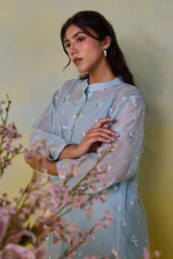 Kapaas Blue Chanderi, Silk Mandarin Collar Embroidered Shirt And Pant Set Online at Aza Fashions Kapaas_Blue Chanderi, Silk Mandarin Collar Embroidered Shirt And Pant Set _Online_at_Aza_Fashions