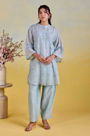 Buy Kapaas Blue Chanderi, Silk Mandarin Collar Embroidered Shirt And Pant Set Online at Aza Fashions Buy_Kapaas_Blue Chanderi, Silk Mandarin Collar Embroidered Shirt And Pant Set _Online_at_Aza_Fashions