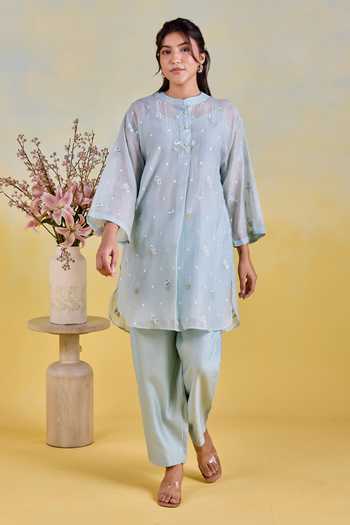 Shop Kapaas Blue Chanderi, Silk Mandarin Collar Embroidered Shirt And Pant Set Online at Aza Fashions Shop_Kapaas_Blue Chanderi, Silk Mandarin Collar Embroidered Shirt And Pant Set _Online_at_Aza_Fashions