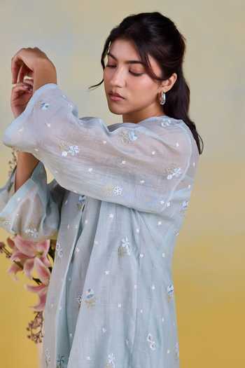 Kapaas Blue Chanderi, Silk Mandarin Collar Embroidered Shirt And Pant Set at Aza Fashions Kapaas_Blue Chanderi, Silk Mandarin Collar Embroidered Shirt And Pant Set _at_Aza_Fashions