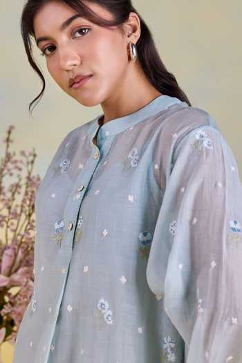 Buy Kapaas Blue Chanderi, Silk Mandarin Collar Embroidered Shirt And Pant Set Buy_Kapaas_Blue Chanderi, Silk Mandarin Collar Embroidered Shirt And Pant Set
