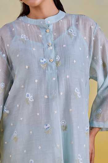 Shop Kapaas Blue Chanderi, Silk Mandarin Collar Embroidered Shirt And Pant Set Shop_Kapaas_Blue Chanderi, Silk Mandarin Collar Embroidered Shirt And Pant Set