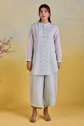 Kapaas Blue Chanderi, Silk Mandarin Collar Bluebell Mist Embroidered Kurta And Pant Set Online at Aza Fashions Kapaas_Blue Chanderi, Silk Mandarin Collar Bluebell Mist Embroidered Kurta And Pant Set _Online_at_Aza_Fashions