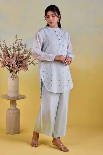 Buy Kapaas Blue Chanderi, Silk Mandarin Collar Bluebell Mist Embroidered Kurta And Pant Set Online at Aza Fashions Buy_Kapaas_Blue Chanderi, Silk Mandarin Collar Bluebell Mist Embroidered Kurta And Pant Set _Online_at_Aza_Fashions