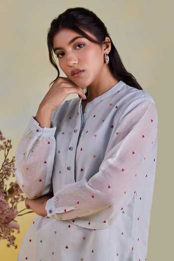 Shop Kapaas Blue Chanderi, Silk Mandarin Collar Bluebell Mist Embroidered Kurta And Pant Set Online at Aza Fashions Shop_Kapaas_Blue Chanderi, Silk Mandarin Collar Bluebell Mist Embroidered Kurta And Pant Set _Online_at_Aza_Fashions