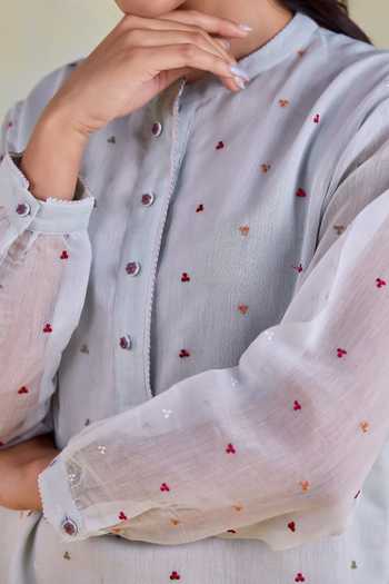 Kapaas Blue Chanderi, Silk Mandarin Collar Bluebell Mist Embroidered Kurta And Pant Set at Aza Fashions Kapaas_Blue Chanderi, Silk Mandarin Collar Bluebell Mist Embroidered Kurta And Pant Set _at_Aza_Fashions