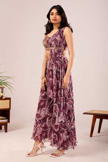 Damoiselle Wine Georgette, Shantoon Tassels Scoop Paisley Print Draped Kurta And Palazzo Set Online at Aza Fashions Damoiselle_Wine Georgette, Shantoon Tassels Scoop Paisley Print Draped Kurta And Palazzo Set _Online_at_Aza_Fashions