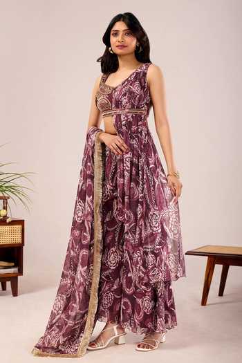 Buy Damoiselle Wine Georgette, Shantoon Tassels Scoop Paisley Print Draped Kurta And Palazzo Set Online at Aza Fashions Buy_Damoiselle_Wine Georgette, Shantoon Tassels Scoop Paisley Print Draped Kurta And Palazzo Set _Online_at_Aza_Fashions