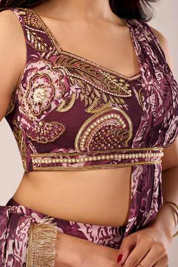 Shop Damoiselle Wine Georgette, Shantoon Tassels Scoop Paisley Print Draped Kurta And Palazzo Set Online at Aza Fashions Shop_Damoiselle_Wine Georgette, Shantoon Tassels Scoop Paisley Print Draped Kurta And Palazzo Set _Online_at_Aza_Fashions