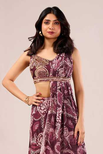 Damoiselle Wine Georgette, Shantoon Tassels Scoop Paisley Print Draped Kurta And Palazzo Set at Aza Fashions Damoiselle_Wine Georgette, Shantoon Tassels Scoop Paisley Print Draped Kurta And Palazzo Set _at_Aza_Fashions