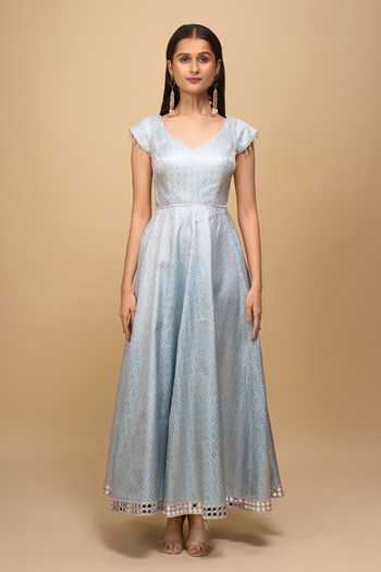 Samyukta Singhania_Blue Brocade Mirrors V-neck Ice-blue Anarkali Dress _Online_at_Aza_Fashions