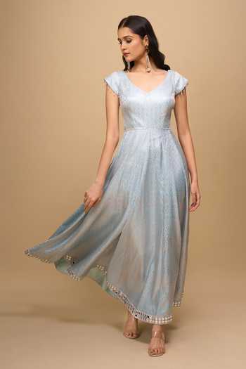 Buy_Samyukta Singhania_Blue Brocade Mirrors V-neck Ice-blue Anarkali Dress _Online_at_Aza_Fashions