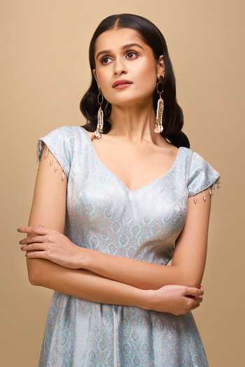 Shop_Samyukta Singhania_Blue Brocade Mirrors V-neck Ice-blue Anarkali Dress _Online_at_Aza_Fashions