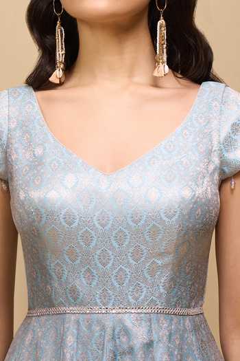 Samyukta Singhania_Blue Brocade Mirrors V-neck Ice-blue Anarkali Dress _at_Aza_Fashions