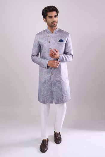 Arihant Rai Sinha Gray Polyester, Viscose Designer Woven Jacquard Sherwani And Pant Set at Aza Fashions Arihant Rai Sinha_Gray Polyester, Viscose Designer Woven Jacquard Sherwani And Pant Set _at_Aza_Fashions