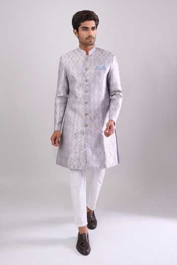 Arihant Rai Sinha Silver Polyester, Viscose Grey Woven Jacquard Sherwani And White Pant Set at Aza Fashions Arihant Rai Sinha_Silver Polyester, Viscose Grey Woven Jacquard Sherwani And White Pant Set _at_Aza_Fashions