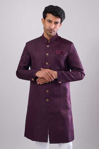 Buy Arihant Rai Sinha Wine Polyester, Viscose Embroidery Sequence Sherwani Set at Aza Fashions Buy_Arihant Rai Sinha_Wine Polyester, Viscose Embroidery Sequence Sherwani Set _at_Aza_Fashions