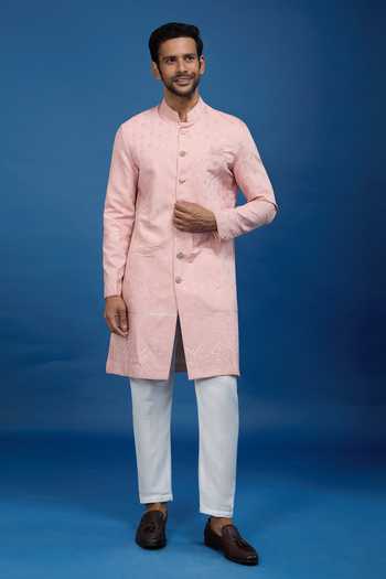 Arihant Rai Sinha Pink Silk, Polyester, Viscose Sequins, Embroidery Leaf Sherwani Set at Aza Fashions Arihant Rai Sinha_Pink Silk, Polyester, Viscose Sequins, Embroidery Leaf Sherwani Set _at_Aza_Fashions