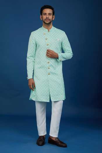 Arihant Rai Sinha_Green Jacquard, Polyester, Viscose Floral Woven Sherwani Set _at_Aza_Fashions