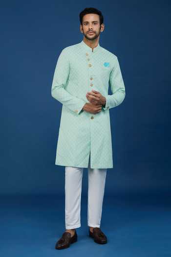 Buy Arihant Rai Sinha Green Jacquard, Polyester, Viscose Embroidery, Geometric Pattern Sherwani Set Online at Aza Fashions Buy_Arihant Rai Sinha_Green Jacquard, Polyester, Viscose Embroidery, Geometric Pattern Sherwani Set _Online_at_Aza_Fashions