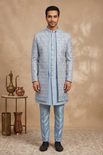 Arihant Rai Sinha Blue Silk, Polyester, Faux Leather Sequins, Geometric Sherwani Kurta Set Online at Aza Fashions Arihant Rai Sinha_Blue Silk, Polyester, Faux Leather Sequins, Geometric Sherwani Kurta Set _Online_at_Aza_Fashions