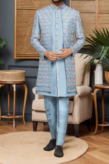 Buy Arihant Rai Sinha Blue Silk, Polyester, Faux Leather Sequins, Geometric Sherwani Kurta Set Online at Aza Fashions Buy_Arihant Rai Sinha_Blue Silk, Polyester, Faux Leather Sequins, Geometric Sherwani Kurta Set _Online_at_Aza_Fashions