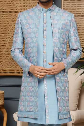 Shop Arihant Rai Sinha Blue Silk, Polyester, Faux Leather Sequins, Geometric Sherwani Kurta Set Online at Aza Fashions Shop_Arihant Rai Sinha_Blue Silk, Polyester, Faux Leather Sequins, Geometric Sherwani Kurta Set _Online_at_Aza_Fashions