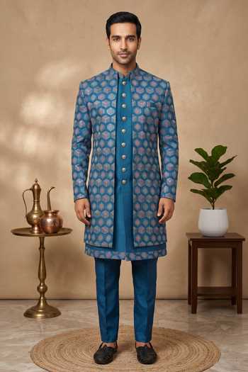 Arihant Rai Sinha Blue Silk Sequins, Embroidery Geometric Sherwani Kurta Set Online at Aza Fashions Arihant Rai Sinha_Blue Silk Sequins, Embroidery Geometric Sherwani Kurta Set _Online_at_Aza_Fashions