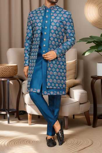Buy Arihant Rai Sinha Blue Silk Sequins, Embroidery Geometric Sherwani Kurta Set Online at Aza Fashions Buy_Arihant Rai Sinha_Blue Silk Sequins, Embroidery Geometric Sherwani Kurta Set _Online_at_Aza_Fashions