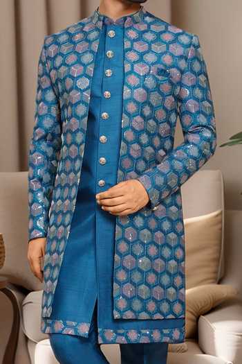 Shop Arihant Rai Sinha Blue Silk Sequins, Embroidery Geometric Sherwani Kurta Set Online at Aza Fashions Shop_Arihant Rai Sinha_Blue Silk Sequins, Embroidery Geometric Sherwani Kurta Set _Online_at_Aza_Fashions