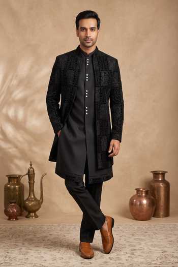 Arihant Rai Sinha_Black Silk, Denim Sequins, Embroidery Nehru Jacket Kurta Set _Online_at_Aza_Fashions
