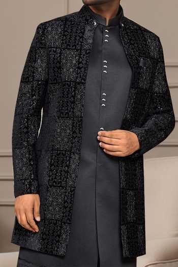 Buy_Arihant Rai Sinha_Black Silk, Denim Sequins, Embroidery Nehru Jacket Kurta Set _Online_at_Aza_Fashions