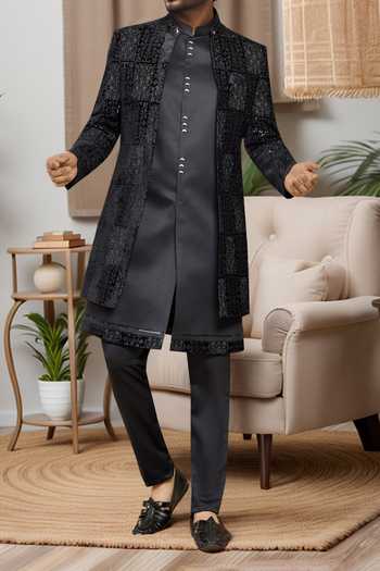 Shop_Arihant Rai Sinha_Black Silk, Denim Sequins, Embroidery Nehru Jacket Kurta Set _Online_at_Aza_Fashions
