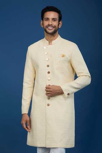 Arihant Rai Sinha_Yellow Jacquard, Polyester, Viscose Embroidery, Sequins Sherwani And Pant Set _at_Aza_Fashions