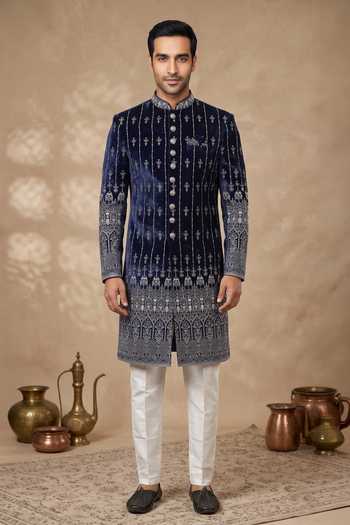 Arihant Rai Sinha_Blue Denim, Silk Embroidery Blue Sherwani And Pant Set _Online_at_Aza_Fashions