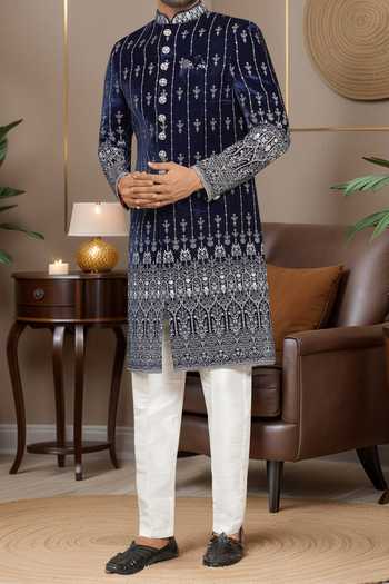 Buy_Arihant Rai Sinha_Blue Denim, Silk Embroidery Blue Sherwani And Pant Set _Online_at_Aza_Fashions