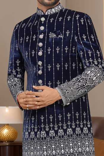 Shop_Arihant Rai Sinha_Blue Denim, Silk Embroidery Blue Sherwani And Pant Set _Online_at_Aza_Fashions