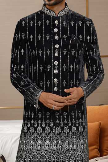 Shop_Arihant Rai Sinha_White Silk Embroidery Black Sherwani And Pant Set _Online_at_Aza_Fashions