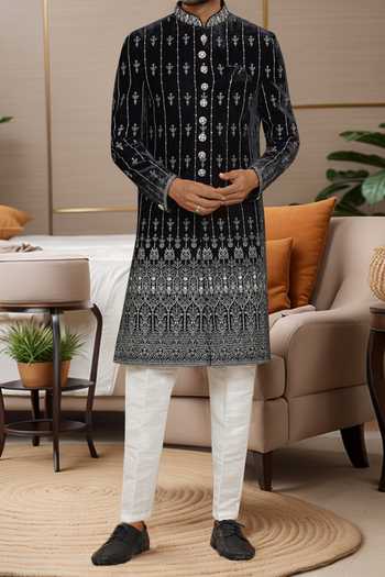 Buy_Arihant Rai Sinha_White Silk Embroidery Black Sherwani And Pant Set _Online_at_Aza_Fashions