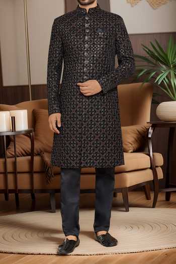 Arihant Rai Sinha_Wine Silk Embroidery Sherwani Set _Online_at_Aza_Fashions