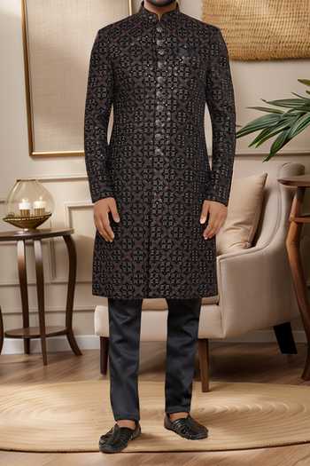 Buy_Arihant Rai Sinha_Wine Silk Embroidery Sherwani Set _Online_at_Aza_Fashions