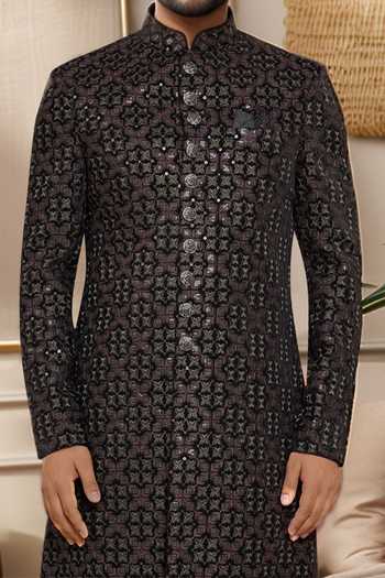 Shop_Arihant Rai Sinha_Wine Silk Embroidery Sherwani Set _Online_at_Aza_Fashions