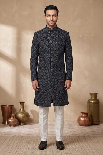 Arihant Rai Sinha Navy Blue Thread Embroidered Sherwani Set 