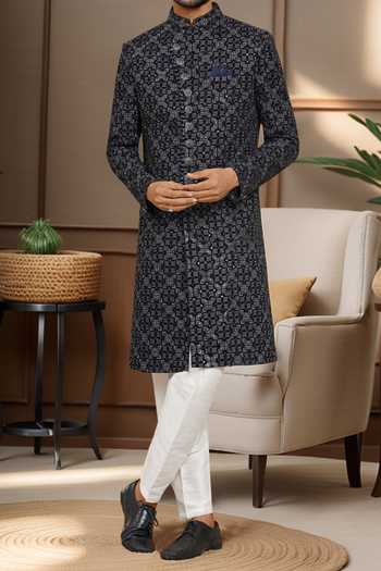 Arihant Rai Sinha Black Denim, Silk Embroidery, Sequins Navy Blue Thread Sherwani Set Online at Aza Fashions Arihant Rai Sinha_Black Denim, Silk Embroidery, Sequins Navy Blue Thread Sherwani Set _Online_at_Aza_Fashions