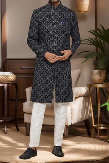 Buy Arihant Rai Sinha Black Denim, Silk Embroidery, Sequins Navy Blue Thread Sherwani Set Online at Aza Fashions Buy_Arihant Rai Sinha_Black Denim, Silk Embroidery, Sequins Navy Blue Thread Sherwani Set _Online_at_Aza_Fashions