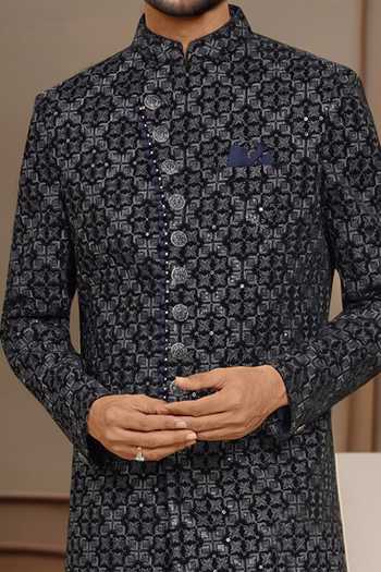 Shop Arihant Rai Sinha Black Denim, Silk Embroidery, Sequins Navy Blue Thread Sherwani Set Online at Aza Fashions Shop_Arihant Rai Sinha_Black Denim, Silk Embroidery, Sequins Navy Blue Thread Sherwani Set _Online_at_Aza_Fashions